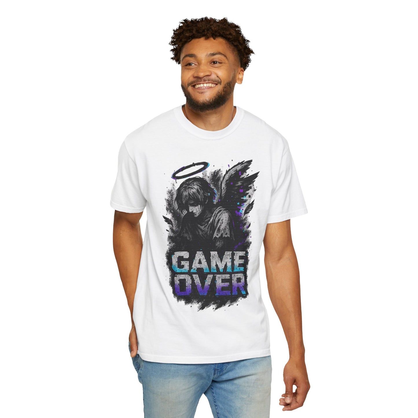 Game Over Unisex Garment-Dyed T-Shirt - Angel Design for Gamers & Anime Fans