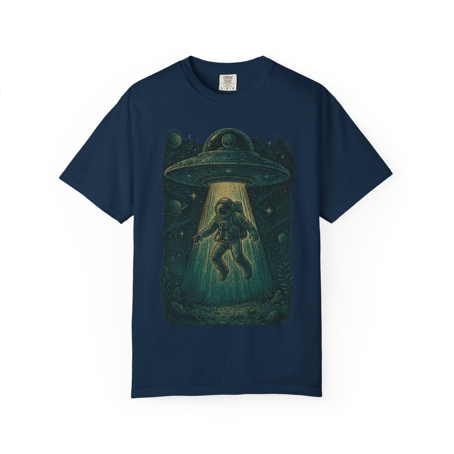 Cosmic Alien Encounter Unisex T-Shirt, UFO Shirt, Graphic Tee, Space Lover Gift, Sci-Fi Apparel, Unique Casual Wear