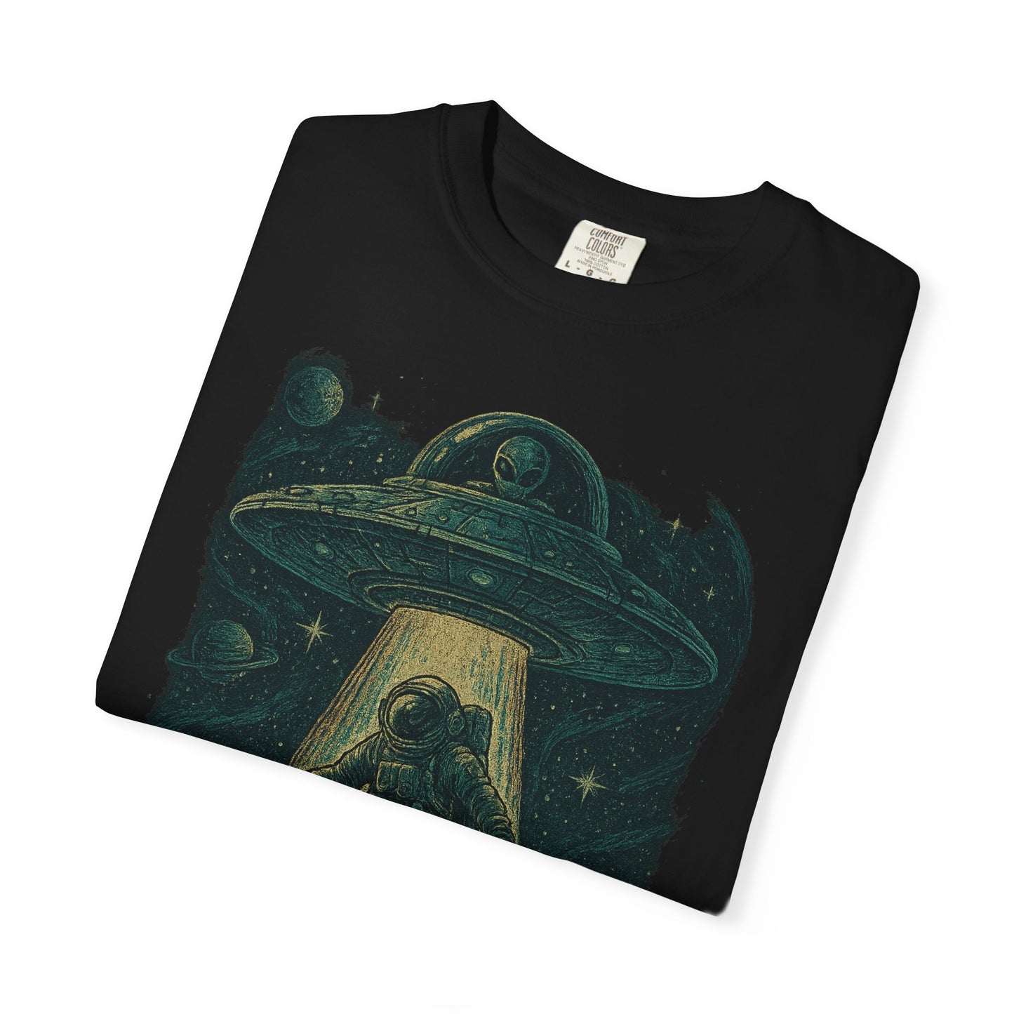 Cosmic Alien Encounter Unisex T-Shirt, UFO Shirt, Graphic Tee, Space Lover Gift, Sci-Fi Apparel, Unique Casual Wear