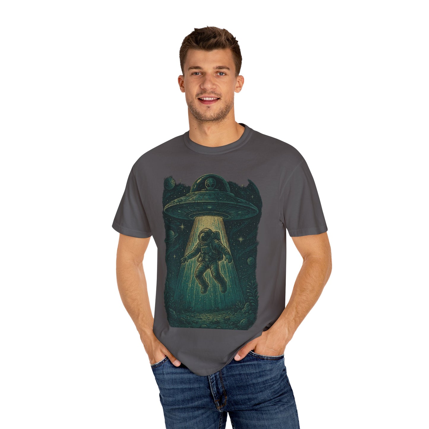 Cosmic Alien Encounter Unisex T-Shirt, UFO Shirt, Graphic Tee, Space Lover Gift, Sci-Fi Apparel, Unique Casual Wear