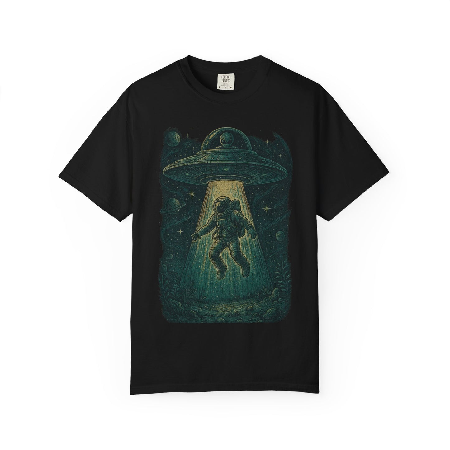 Cosmic Alien Encounter Unisex T-Shirt, UFO Shirt, Graphic Tee, Space Lover Gift, Sci-Fi Apparel, Unique Casual Wear