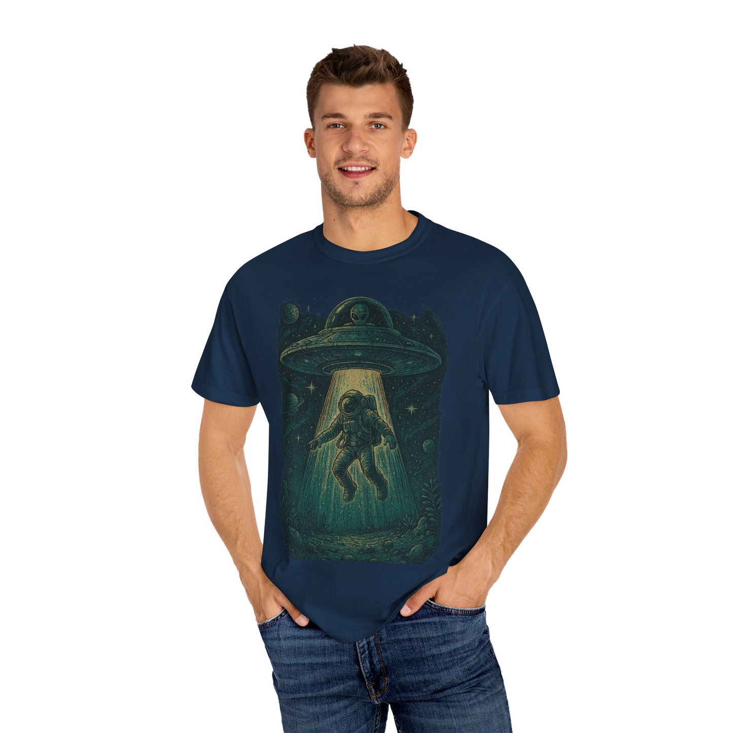 Cosmic Alien Encounter Unisex T-Shirt, UFO Shirt, Graphic Tee, Space Lover Gift, Sci-Fi Apparel, Unique Casual Wear