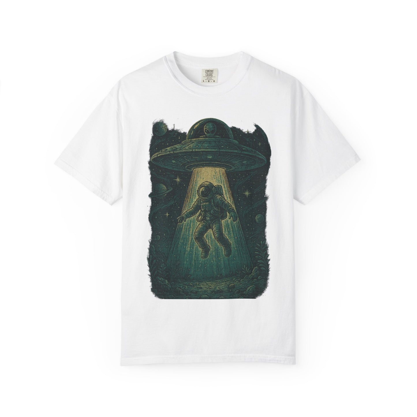 Cosmic Alien Encounter Unisex T-Shirt, UFO Shirt, Graphic Tee, Space Lover Gift, Sci-Fi Apparel, Unique Casual Wear