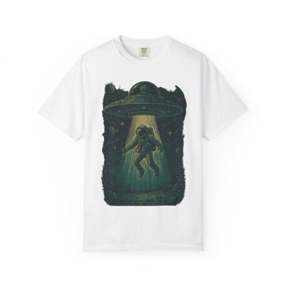 Cosmic Alien Encounter Unisex T-Shirt, UFO Shirt, Graphic Tee, Space Lover Gift, Sci-Fi Apparel, Unique Casual Wear
