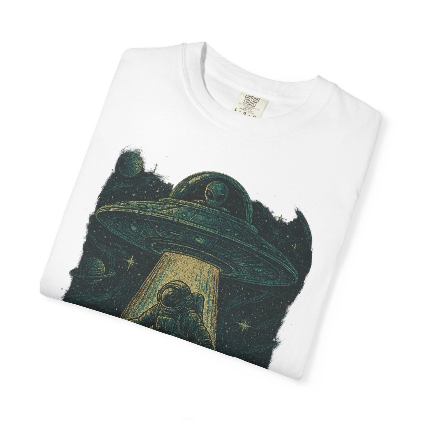 Cosmic Alien Encounter Unisex T-Shirt, UFO Shirt, Graphic Tee, Space Lover Gift, Sci-Fi Apparel, Unique Casual Wear