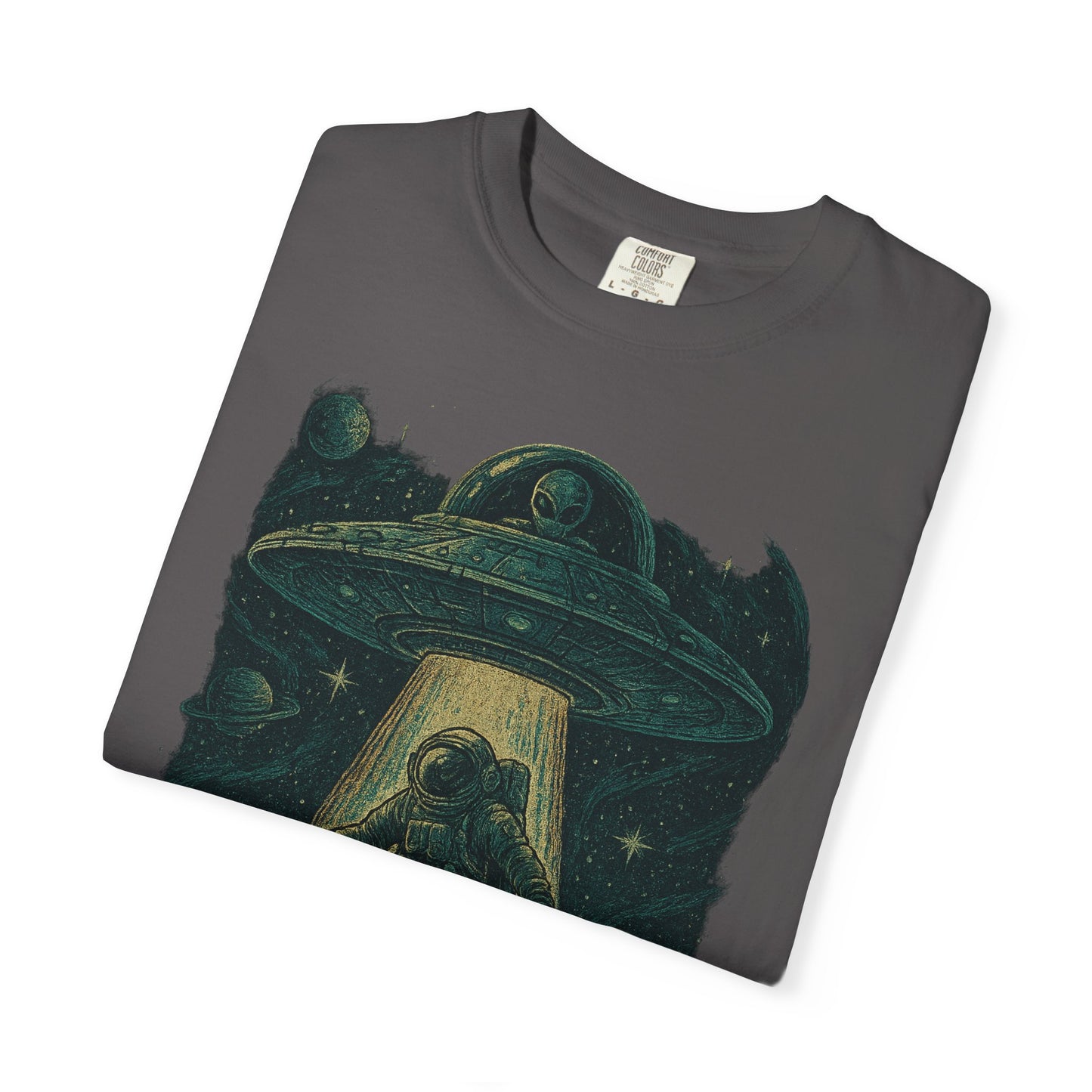 Cosmic Alien Encounter Unisex T-Shirt, UFO Shirt, Graphic Tee, Space Lover Gift, Sci-Fi Apparel, Unique Casual Wear