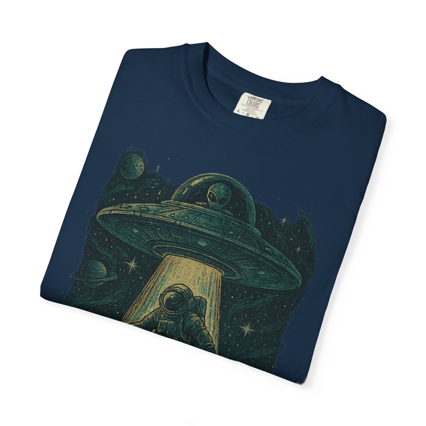 Cosmic Alien Encounter Unisex T-Shirt, UFO Shirt, Graphic Tee, Space Lover Gift, Sci-Fi Apparel, Unique Casual Wear