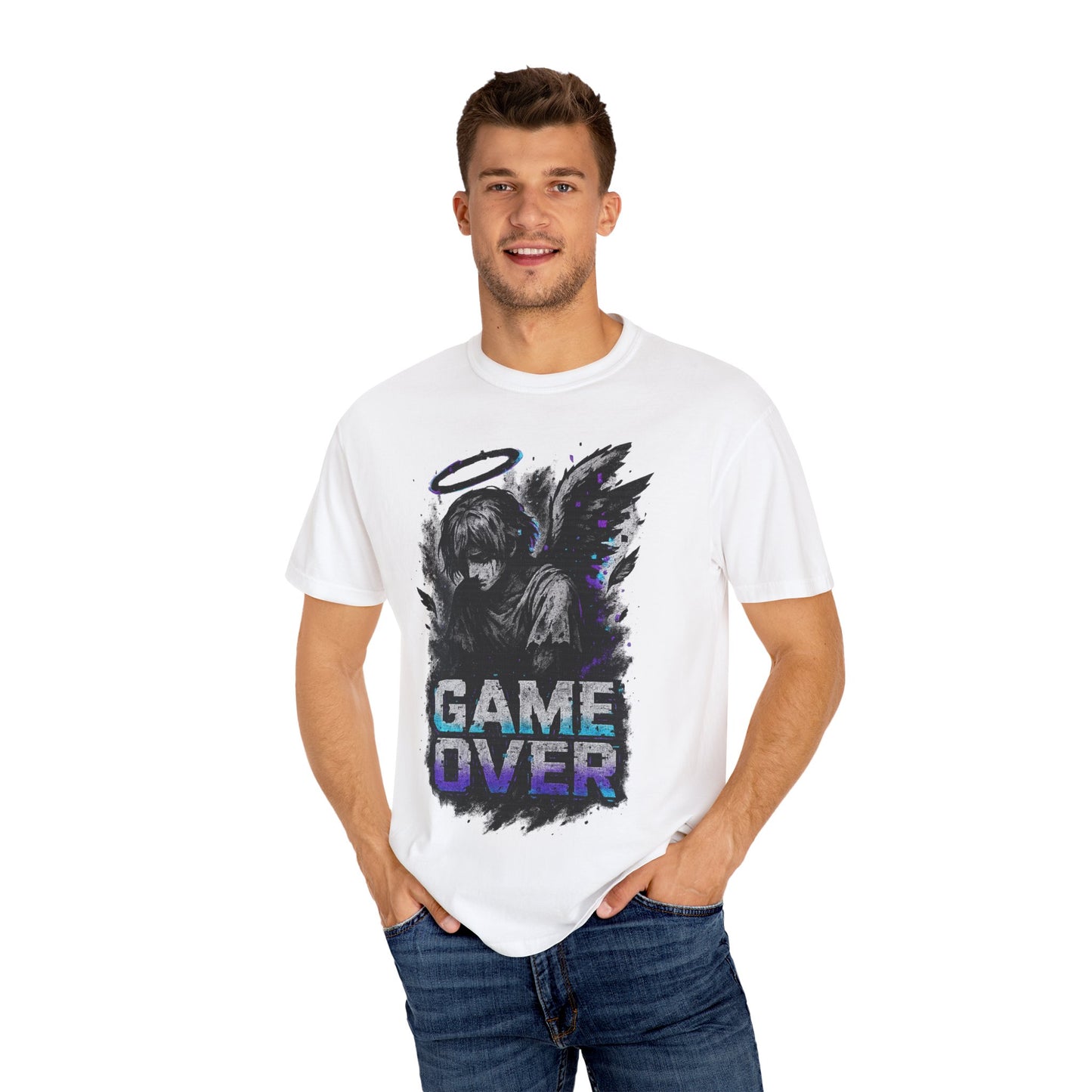 Game Over Unisex Garment-Dyed T-Shirt - Angel Design for Gamers & Anime Fans