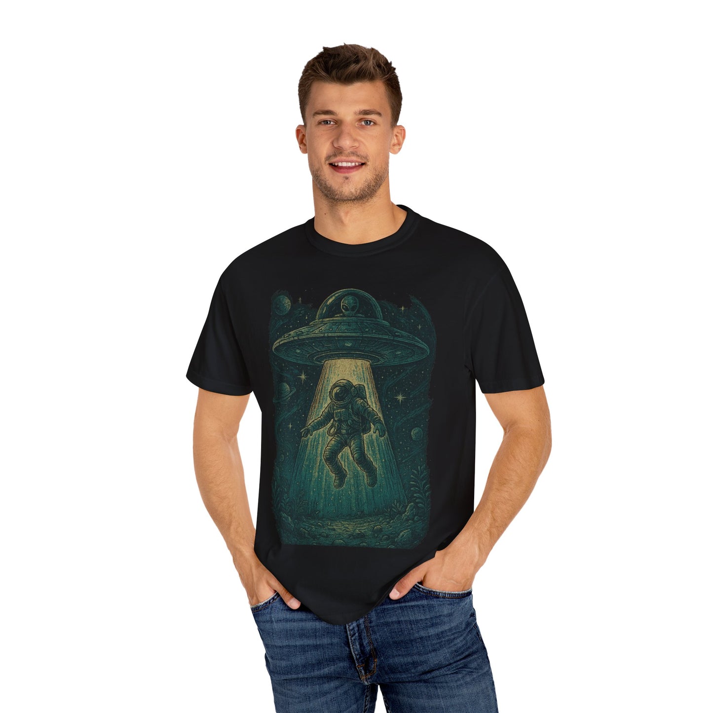 Cosmic Alien Encounter Unisex T-Shirt, UFO Shirt, Graphic Tee, Space Lover Gift, Sci-Fi Apparel, Unique Casual Wear