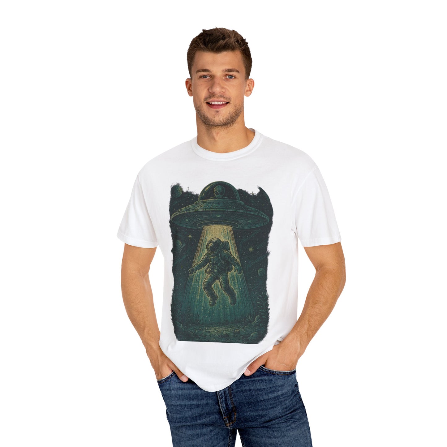 Cosmic Alien Encounter Unisex T-Shirt, UFO Shirt, Graphic Tee, Space Lover Gift, Sci-Fi Apparel, Unique Casual Wear